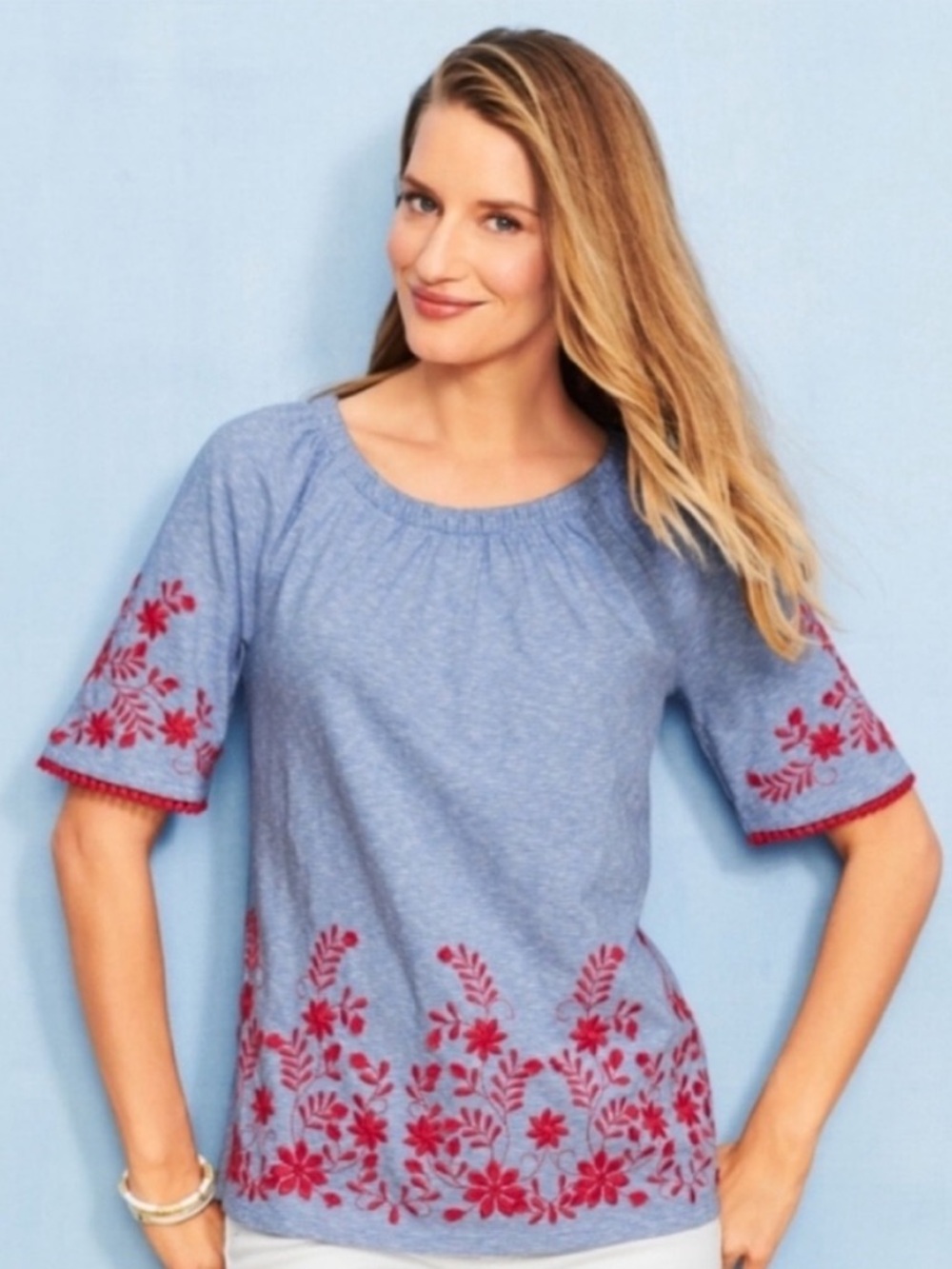 Talbots Light Blue White Striped Blouse with Coral Floral Embroidery Size Large